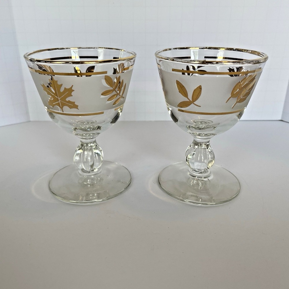 Vtg Frosted GOLD LEAF Sherbet Glass Set of 2‎ Mid Century - 3 7/8" Tall